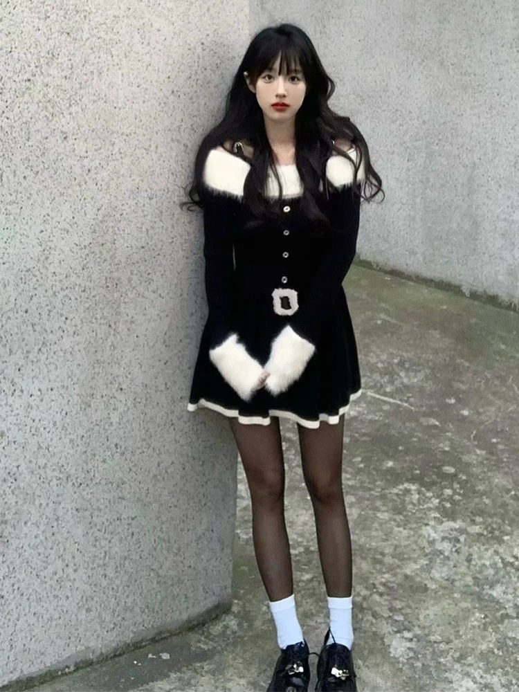 Autumn Elegant Knitted Short Party Dress Women Casual Long Sleeve Sweet Slim Black Mini Dress Dress Korean 231228