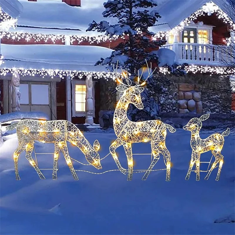 3pcs Iron Art Elk Deer Christmas Garden Decoration With LED Light Glowing Glitter Reindeer Xmas Home Outdoor Yard Decor y231227