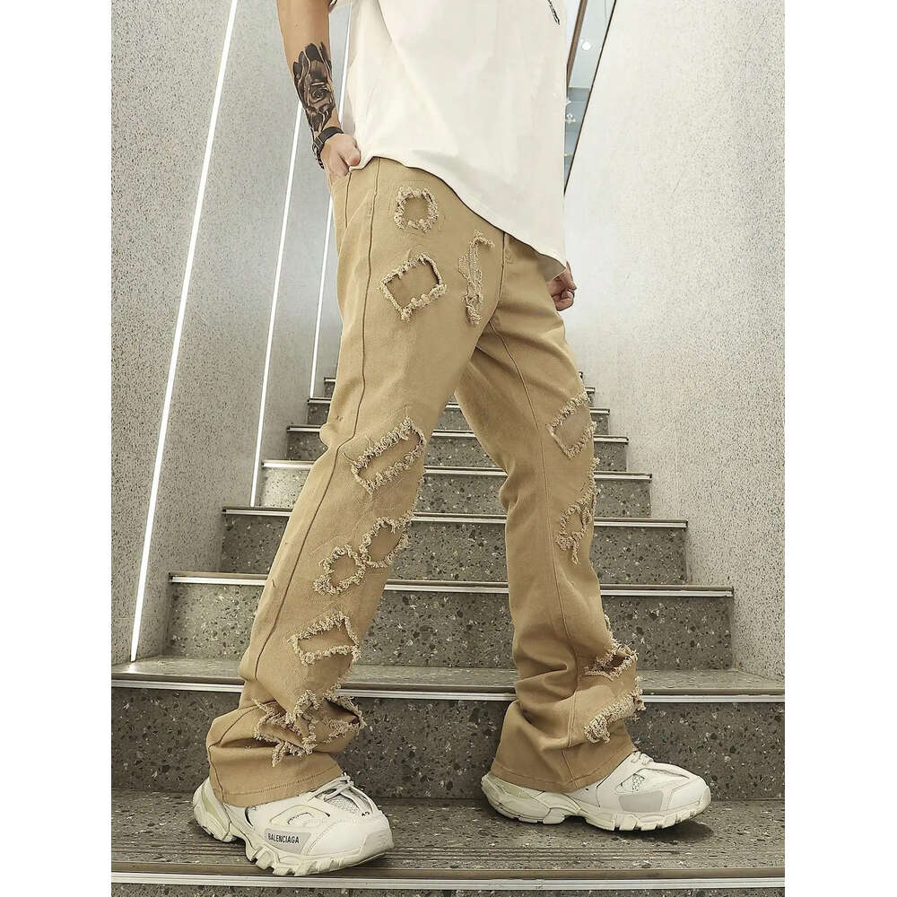 Bell-bottom Jeans Fashion Vintage Frayed Patchwork Color Block Denim Pants Men Casual Trousers Ripped Bottoms