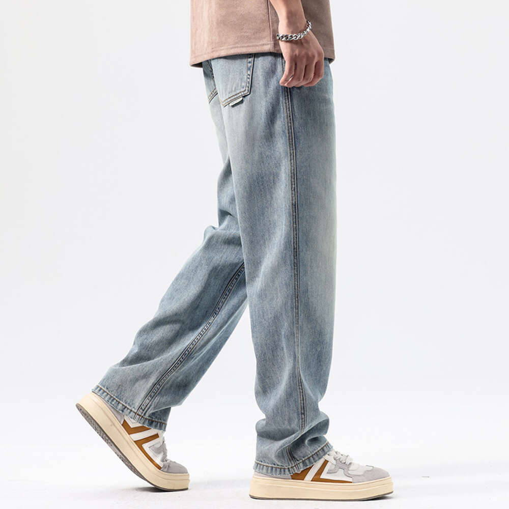 Elastic Loose Straight Jeans Men's Wide Legged Denim Pants Large Size Casual Trousers Korean Style Sportswear Brand Clothing