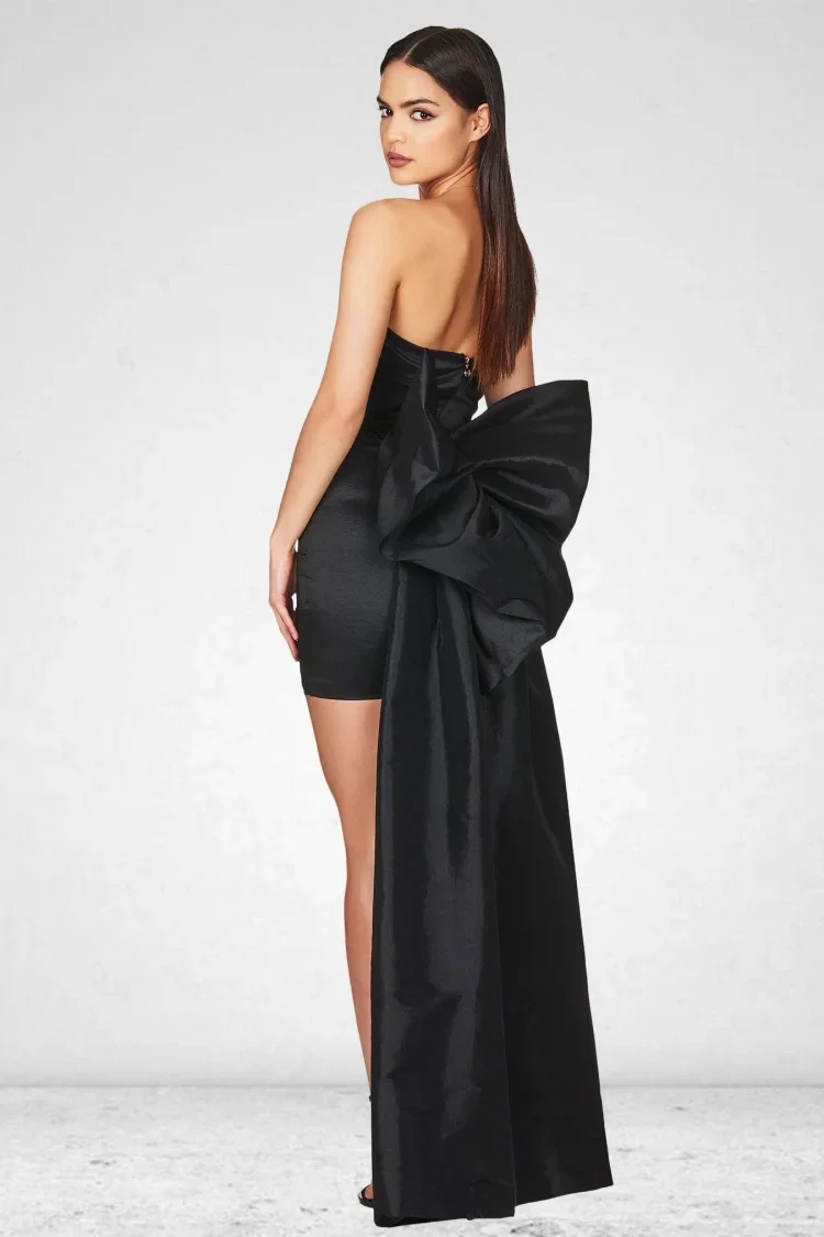 Simple Short Prom Birthday Dress 2024 Strapless Backless Bow Satin Sheath Evening Club Party Gowns Vestido De Feast Robe De Soiree