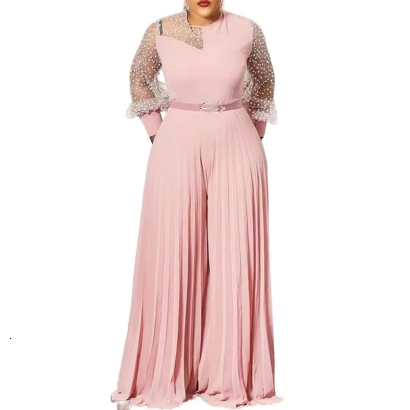 S-5xl Fall Outfits Women Pink Fashion Plus Size Jumpsuit Slim Pleated Long Sleeve Rompers Elegant Clothes Wholesale Drop 231227