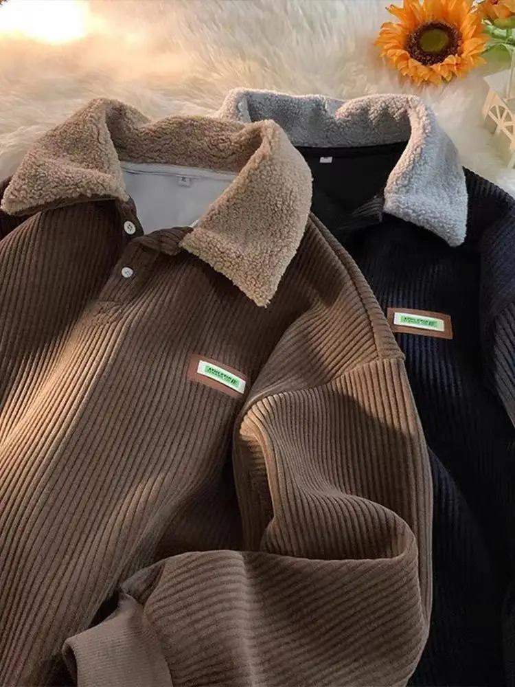 2023 Autumn and Winter Men Women Personalized Retro Corduroy Polo Coat American Street Couple Casual Top harajuku y2k 231228