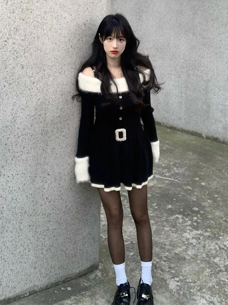 Autumn Elegant Knitted Short Party Dress Women Casual Long Sleeve Sweet Slim Black Mini Dress Dress Korean 231228