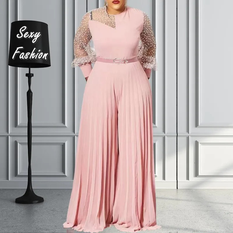 S-5xl Fall Outfits Women Pink Fashion Plus Size Jumpsuit Slim Pleated Long Sleeve Rompers Elegant Clothes Wholesale Drop 231227