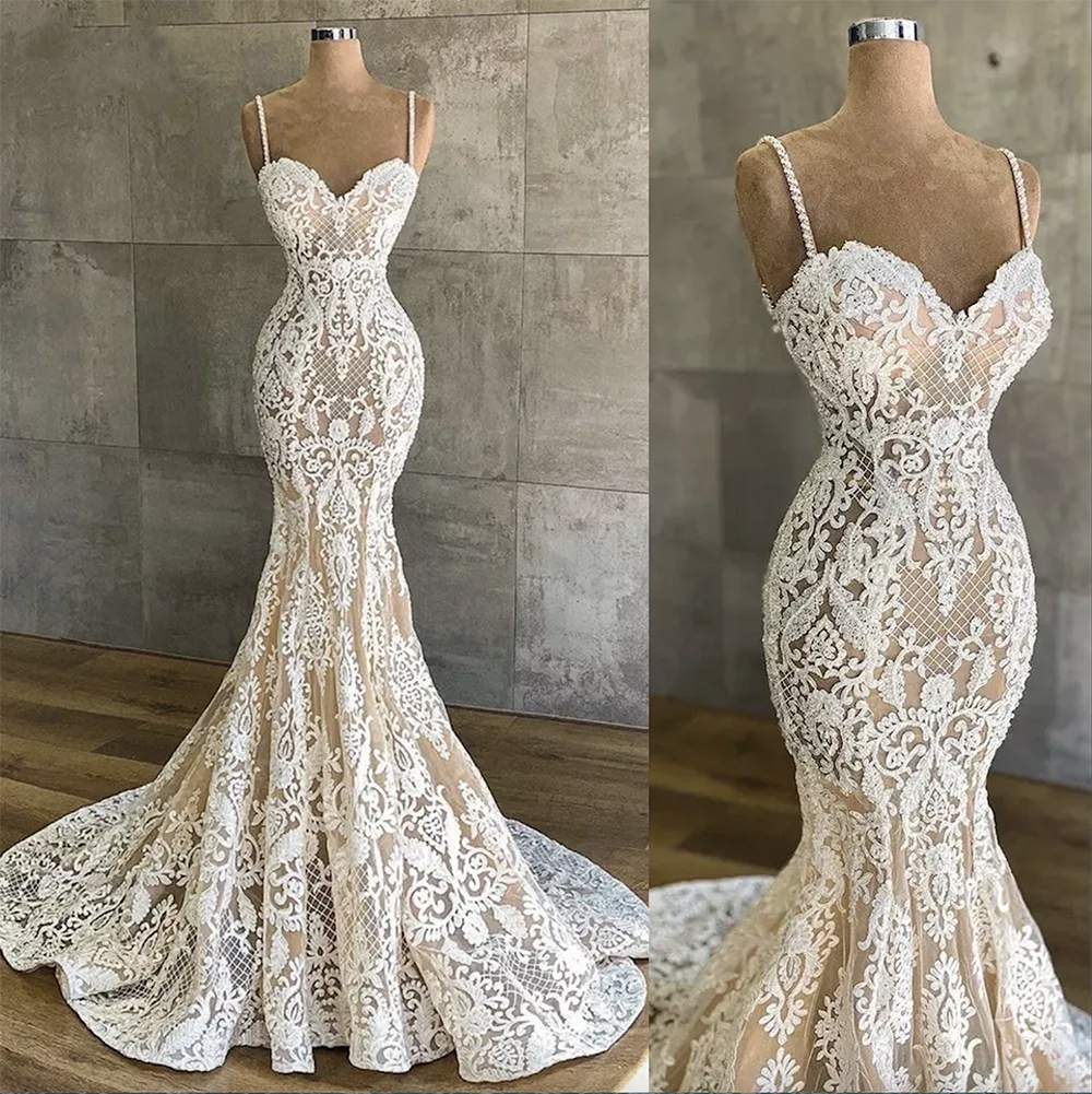 African Mermaid Wedding Champagne Spaghetti Straps Illusion White Lace Appliques Sleeveless Bride Dresses Bridal Gowns Plus Size Sweep Train