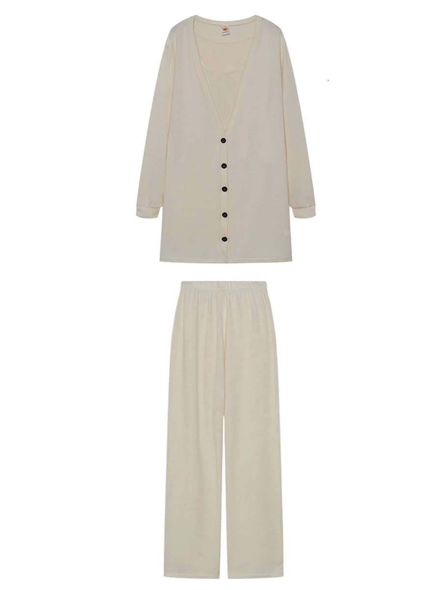 Scriardv Women Autumn Loose Three Piece Outfits Fitted Cami Tops Long Pants V Neck Button Cardigan Loungewear Sets Black M 231227