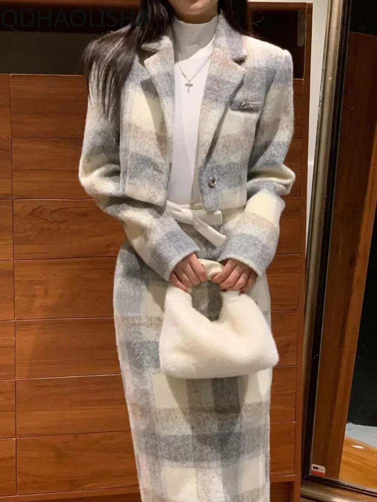 Sets for Women 2 Pieces Autumer Grey Plaid Woolen Lapel Collar Long Sleeve Half Skirt Set Elegant Sweet Temperament Casual Suit 231228