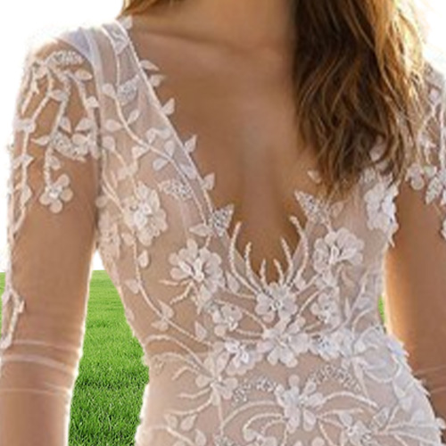 Berta Mermaid Wedding Dresses With Wrap Deep V Neck Backless Sexy Beach Wedding Dress Long Sleeve Lace Appliqued Bridal Gowns