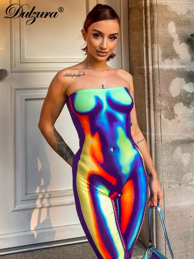 Dulzura Summer Women Sexy Print Off Shoulder Strapless Sleeveless Jumpsuit Bell-Bottomed Pants Body-Shaping Streetwear 231227