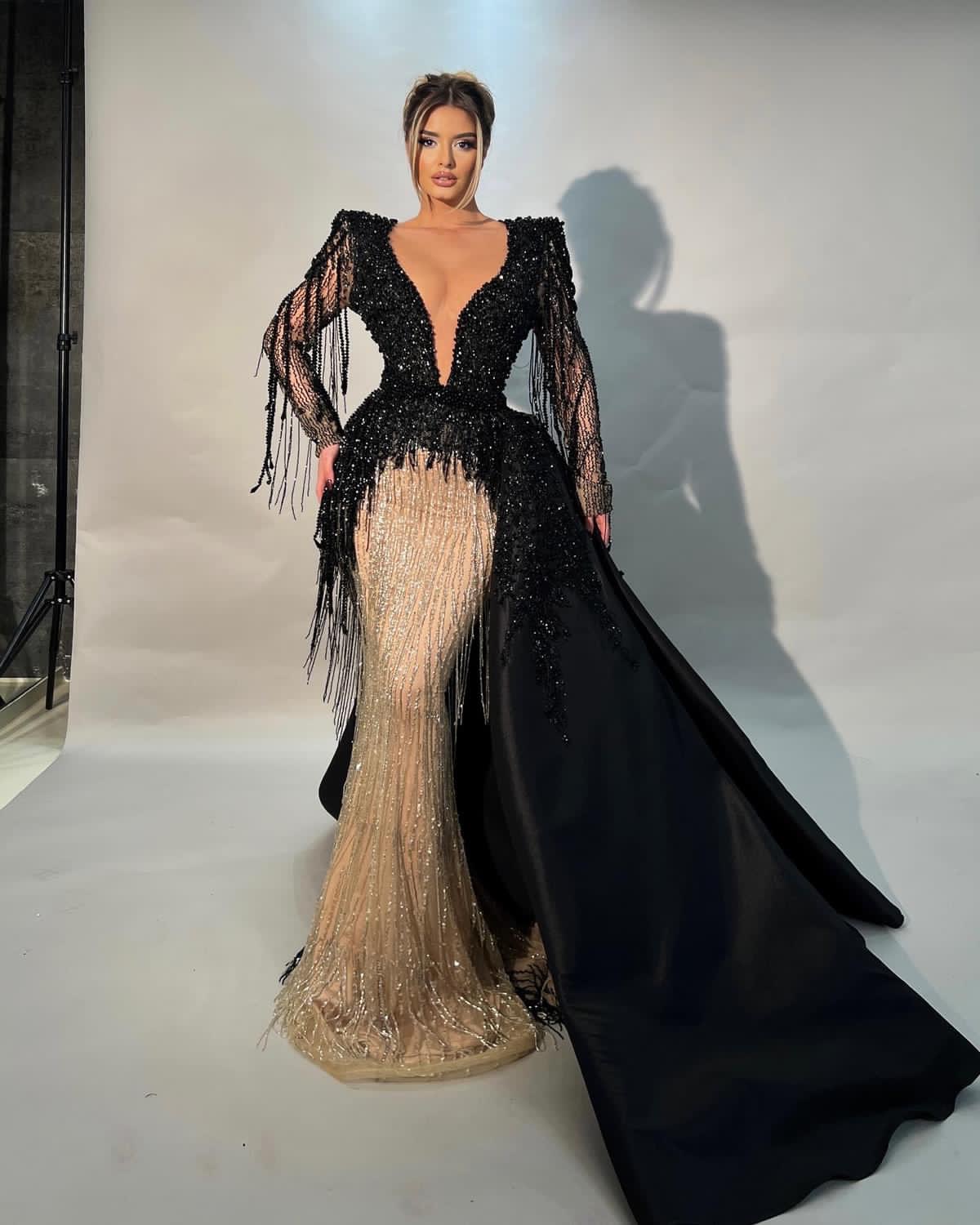 Aso Ebi 2024 Black Champagne Mermaid Prom Dress Crystals Beadings Evening Formal Party Second Reception Birthday Engagement Gowns Dresses Robe De Soir