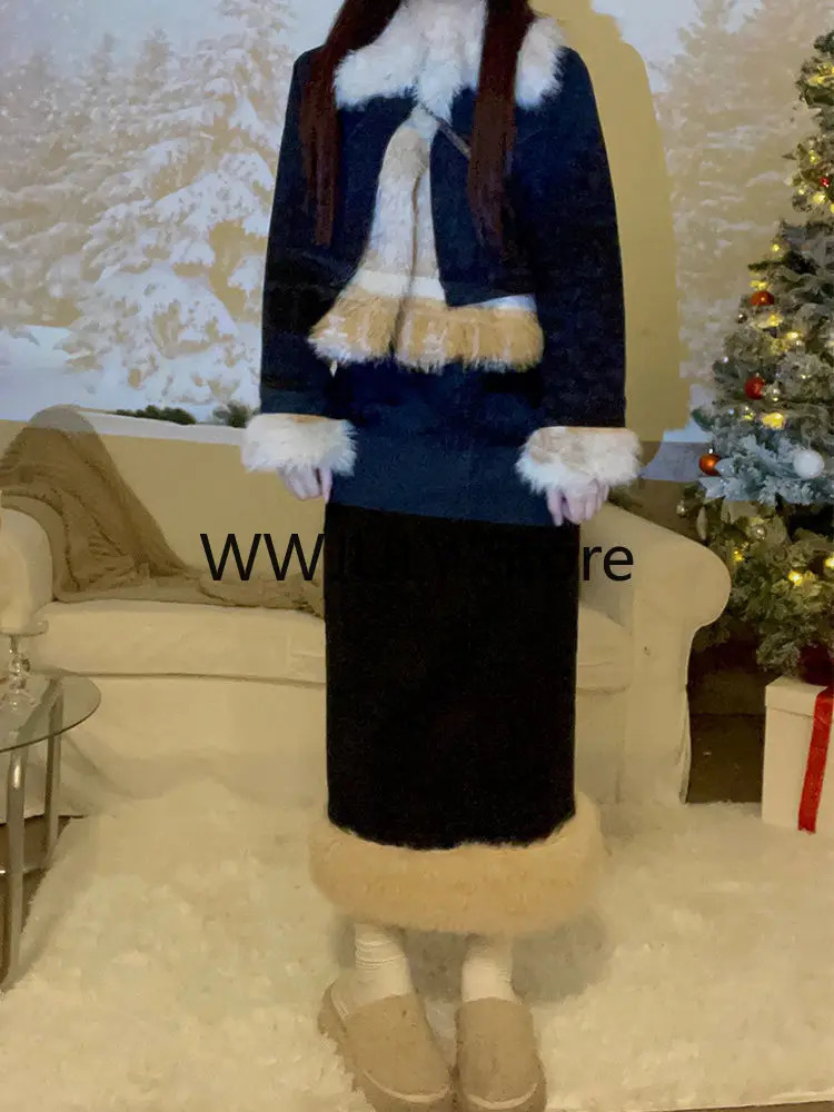 2023 Winter Warm Black Elegant Clothing Suit Korean Fashion 2 Piece Set Thicken Coat Jacket Slim Mini Skirt Woman Comfortable 231228