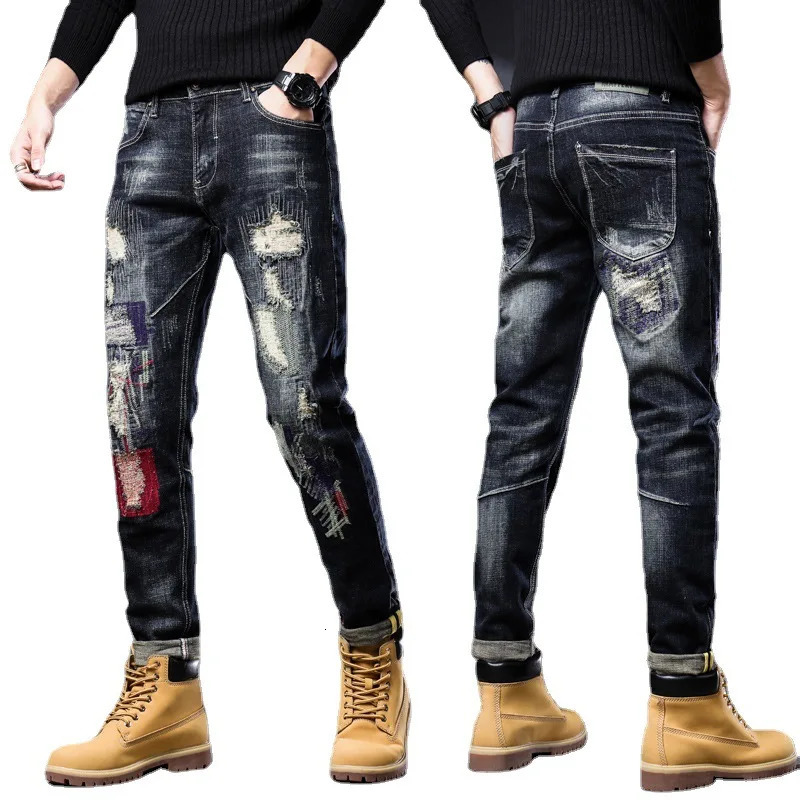 2023 Fashion Biker Jeans Men's Distressed Stretch Ripped Hip Hop Slim Fit Holes Punk Denim Cotton High Qual Pants 231227