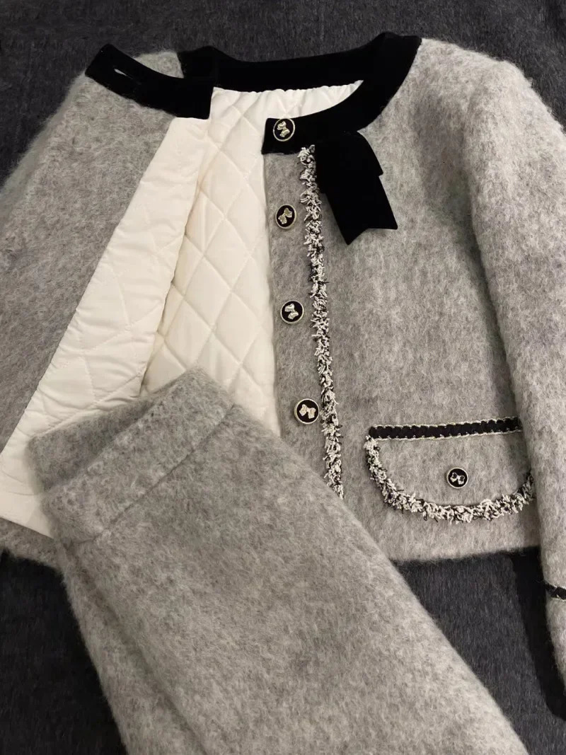 Thick Quilted Coats Blends Grey Wool Jacket Crop Top Winter Vintage Slim A Line Skirt s Two Peice Sets Bow Suit Y2k 231228