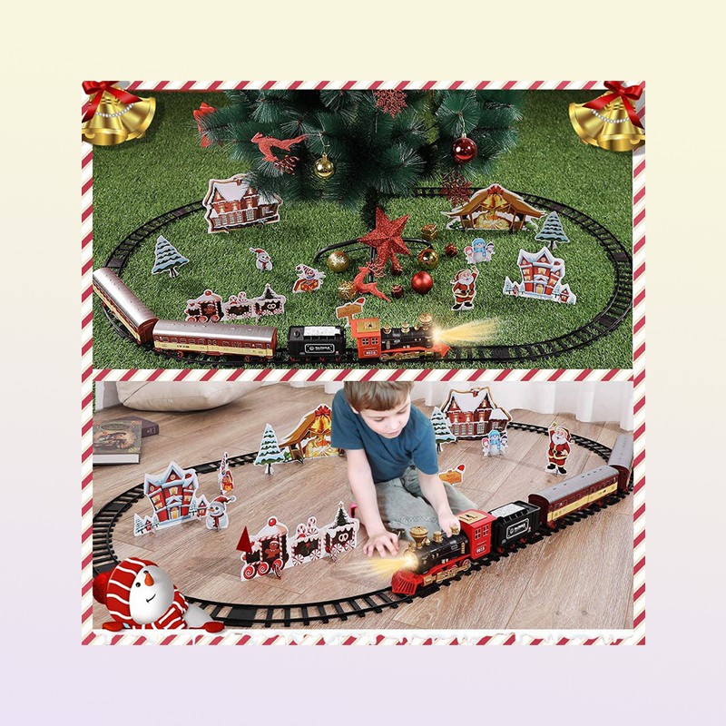 Engine Cargo Car and Long Tracks Electric Track Toy Train Set with Steam Locomotive Battery Operated Play Toys with Smoke Light So