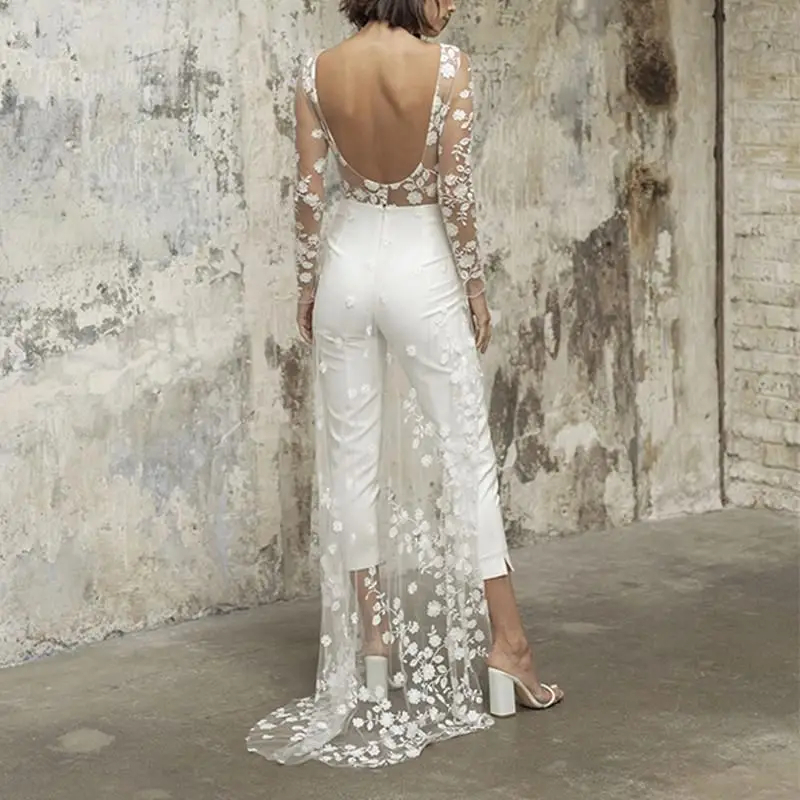 Boho Beach Lace Jumpsuits Wedding Dresses For Bride Illusion Long Sleeves Sexy Backless Country Bridal Gowns With Train