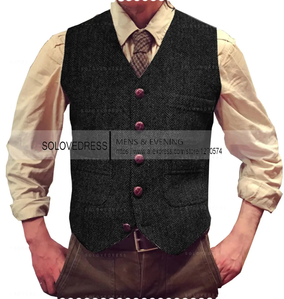 V Neck Men's Suits Vest Herringbone Tweed Formal Business Waistcoat For Men Wedding 231227