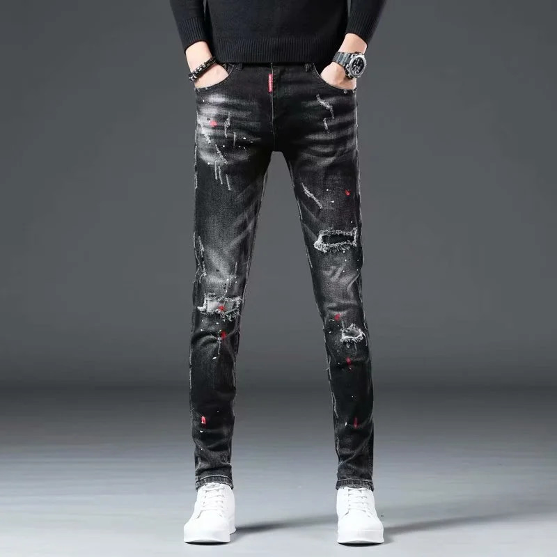 2023 Fashion Casual Ripped Jeans Men's Patch Teenagers Cowboy Paint Splash Ink Black Pencil Pants Skinny Men 231227
