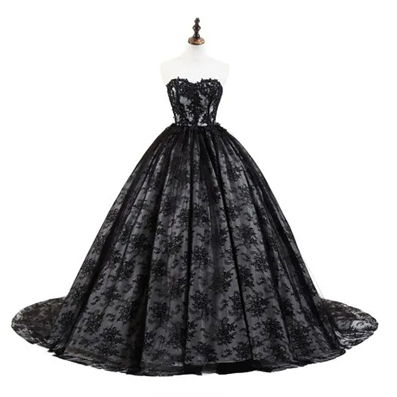 Black Lace Gothic Wedding Dress Court Train Sleeveless Sweetheart Neck Long Vintage Bridal Gowns Classic Ball Gown Vestidos De Novia