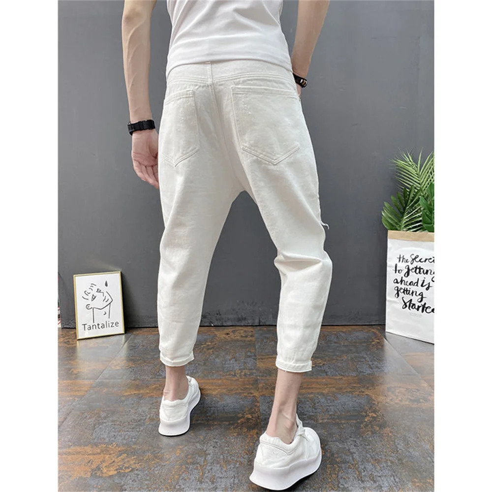 Japanese Trend Men's Ripped Hole Jeans White Green Black Ankle Length Youth Fashion Loose Denim Harem Cargo Pants 231228