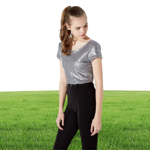 Sparkling Sequins Crop Top for Women Scoop Neck Short Sleeve T Shirts Slim Fit Short Tees Sexy Night Out Clothing