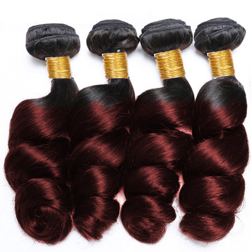 Brazilian Indian Peruvian 1B/99J Ombre Color 3 Bundles With 4X4 Lace Closure Free Part Loose Wave 10-30inch