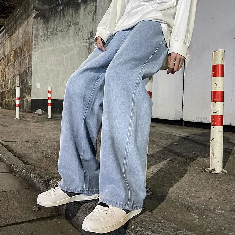 2023 Korean Fashion Loose Jeans Classic Straight Baggy Wide Leg Trousers Street Hip Hop Pants 3XL Black Grey Blue 231227