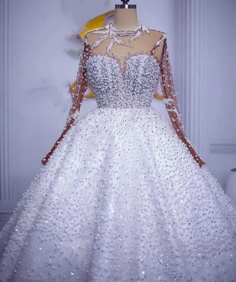 Arabic Aso Ebi Plus Size White Wedding Dress Sheer Beads Pearls Luxurious Long Sleeves Bridal Gowns Vestidos De Novia Robe Mariage