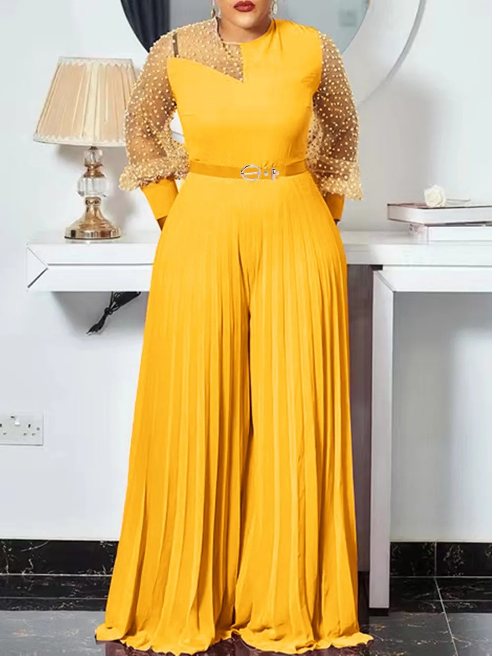 S-5xl Fall Outfits Women Pink Fashion Plus Size Jumpsuit Slim Pleated Long Sleeve Rompers Elegant Clothes Wholesale Drop 231227