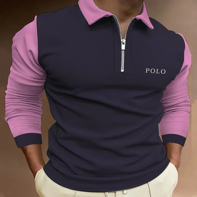 Mens Polo Line Simple 3D Print Zipper Long Sleeve Shirt for Men Button Down Fashion 231227