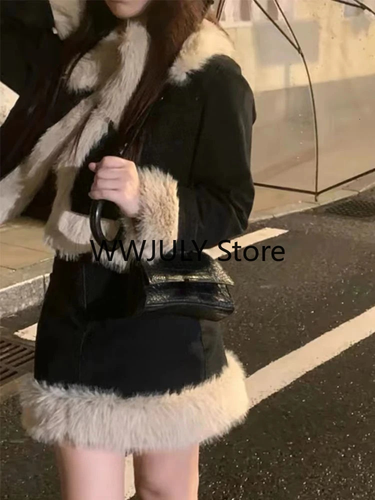 2023 Winter Warm Black Elegant Clothing Suit Korean Fashion 2 Piece Set Thicken Coat Jacket Slim Mini Skirt Woman Comfortable 231228