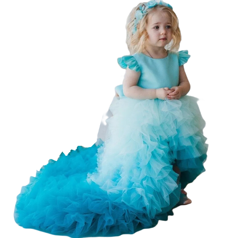 Gorgeous Tiered Sky Blue Girls Pageant Dress High Low Birthday Party Kids Formal Wear Ruffles Sleeve Jewel Neck Long Train Wedding Flower Girl Dresses