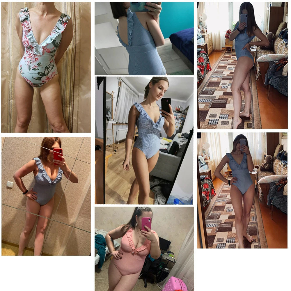 Sexy Swimsuit 2023 Women Striped Ruffled Swimwear Vintage Print Monokini Female Bodysuit Girl Beach Bathing Suit 231227