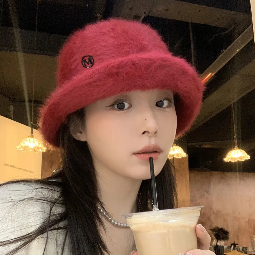 Korean Fashion Rabbit Fur Bucket Hat Autumn Winter Female Actress Elegant Round Top Plush Fisherman Hat Warm Sweet Fedora Hat 231228