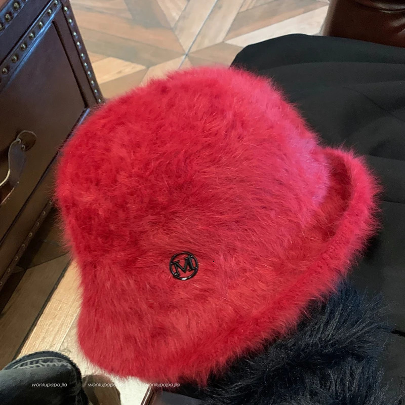 Korean Fashion Rabbit Fur Bucket Hat Autumn Winter Female Actress Elegant Round Top Plush Fisherman Hat Warm Sweet Fedora Hat 231228