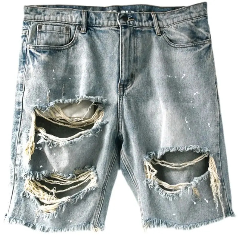 Summer Ripped Men Shorts Straight Loose Beggar Hole Denim High Street Hip Hop Male Jeans 231227