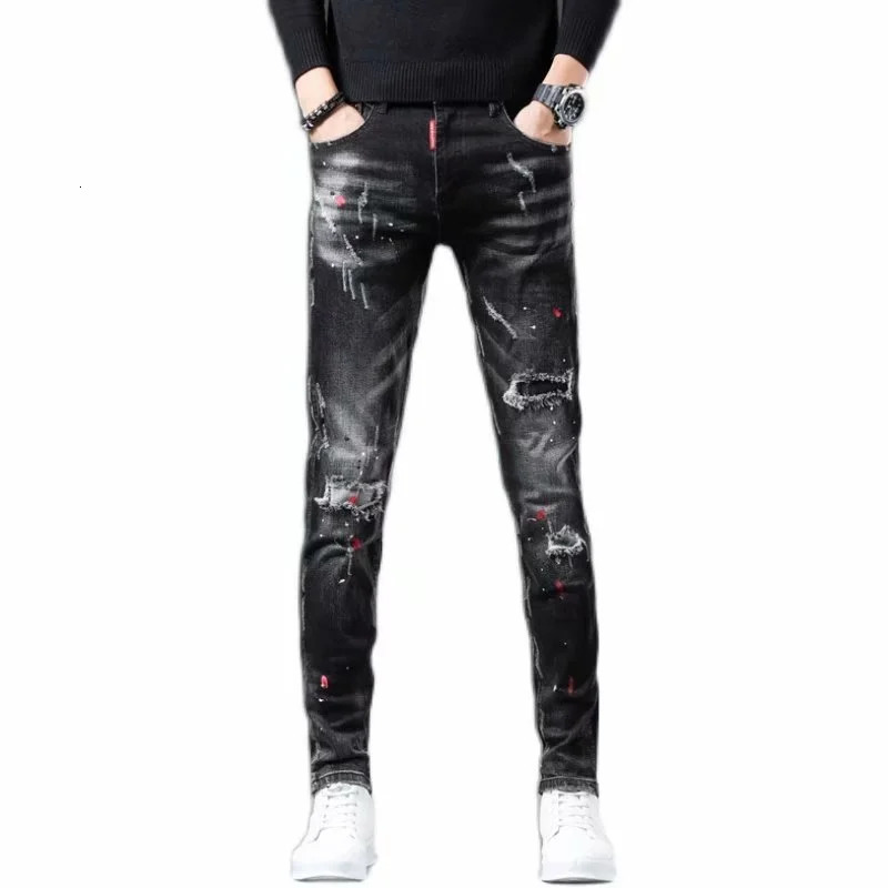 2023 Fashion Casual Ripped Jeans Men's Patch Teenagers Cowboy Paint Splash Ink Black Pencil Pants Skinny Men 231227