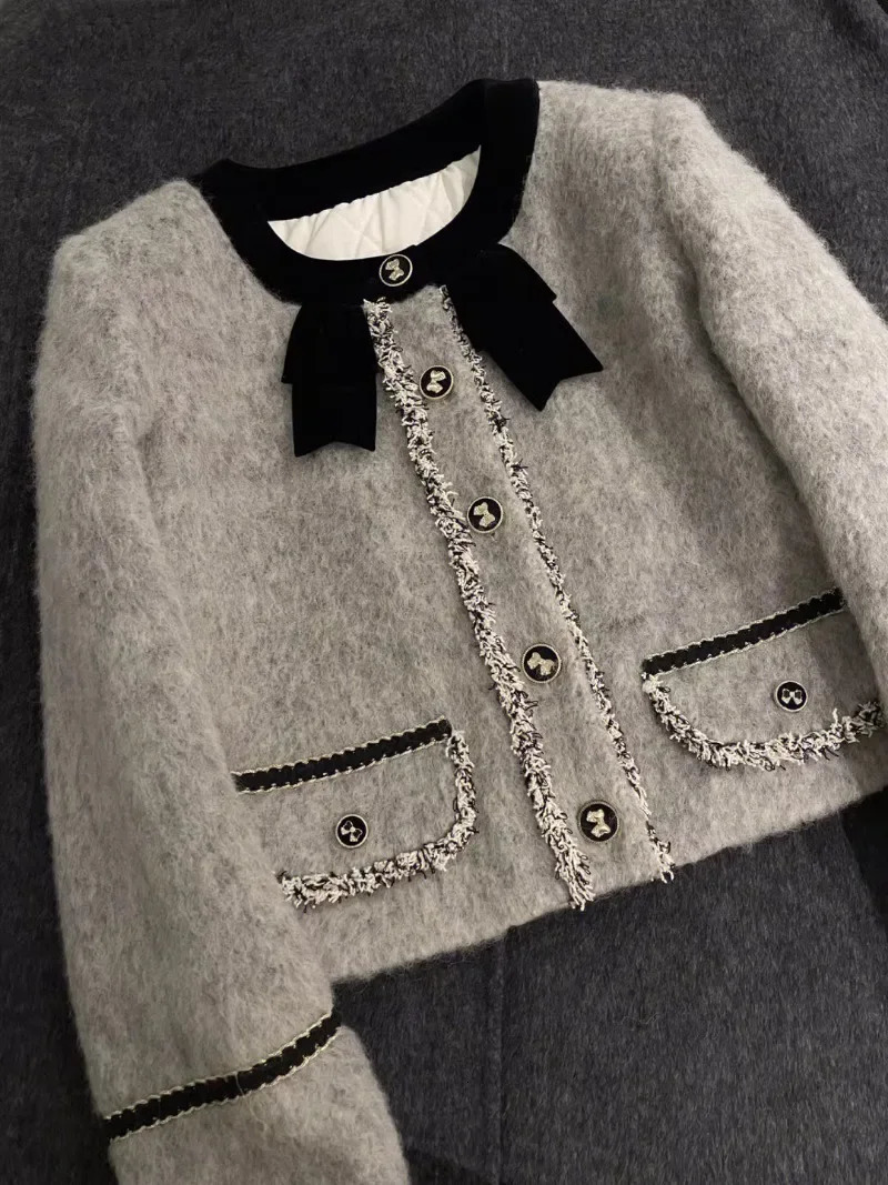 Thick Quilted Coats Blends Grey Wool Jacket Crop Top Winter Vintage Slim A Line Skirt s Two Peice Sets Bow Suit Y2k 231228