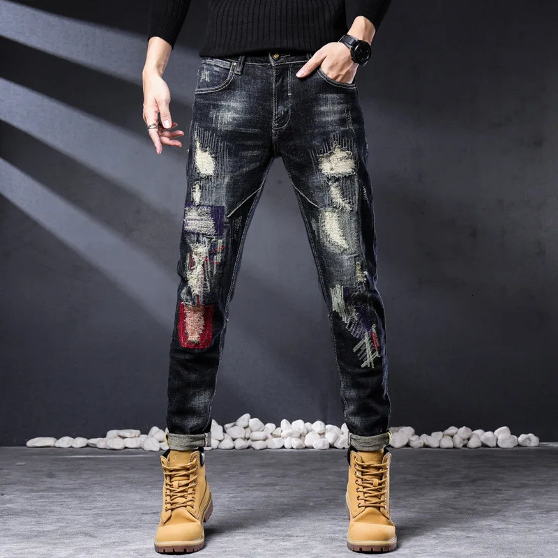 2023 Fashion Biker Jeans Men's Distressed Stretch Ripped Hip Hop Slim Fit Holes Punk Denim Cotton High Qual Pants 231227