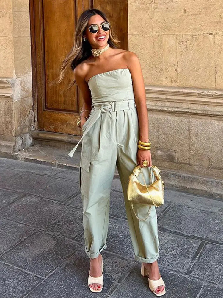 Sexy Strapless Jumpsuits With Belt For Women Causal Solid Sleeveless Wrapped Chest Summer Fashion Jumpsuit Full Cargo Pants 231227