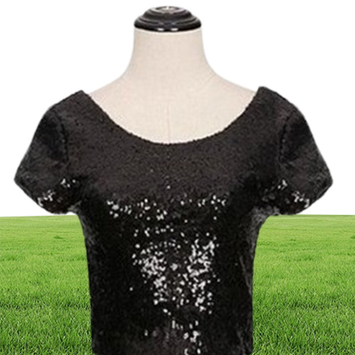 Sparkling Sequins Crop Top for Women Scoop Neck Short Sleeve T Shirts Slim Fit Short Tees Sexy Night Out Clothing