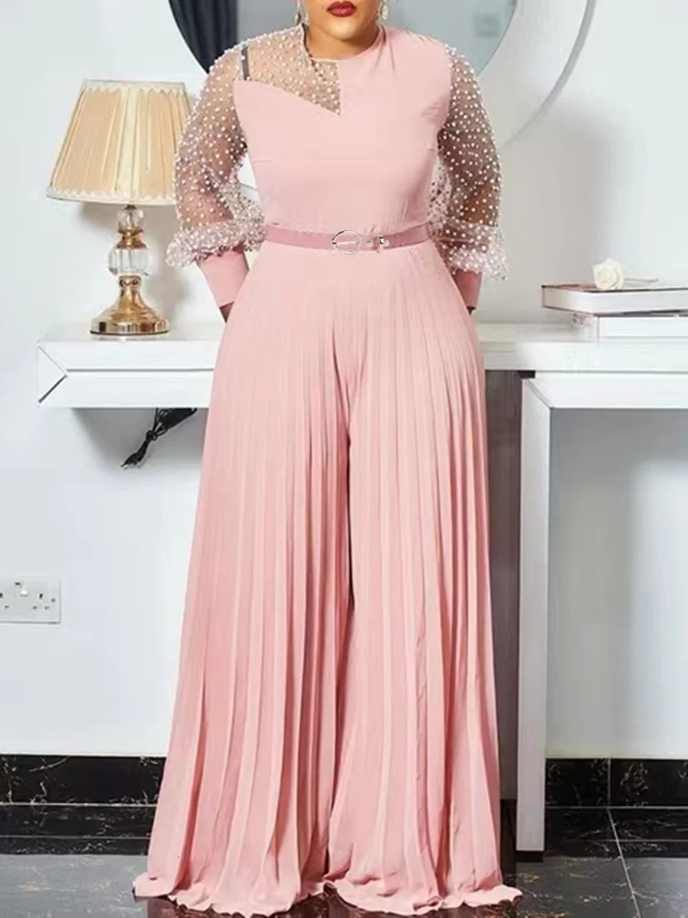 S-5xl Fall Outfits Women Pink Fashion Plus Size Jumpsuit Slim Pleated Long Sleeve Rompers Elegant Clothes Wholesale Drop 231227