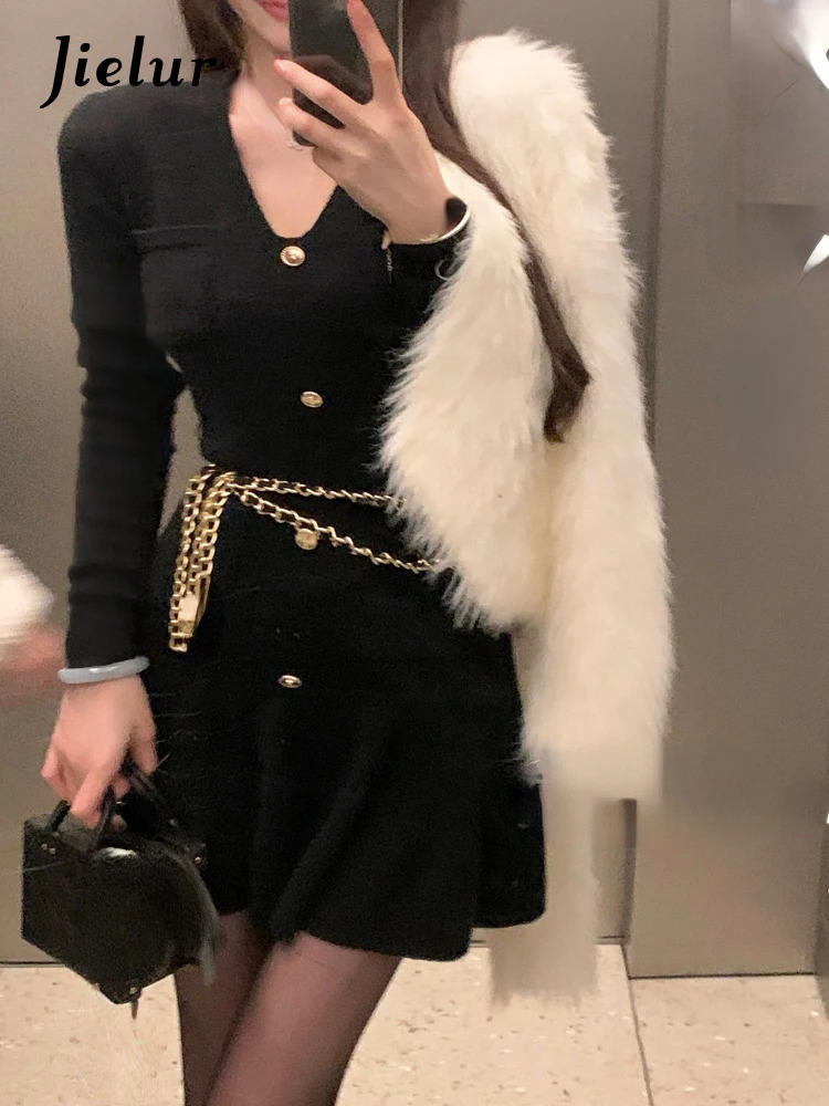 Jielur Casual Autumn White Knitted Sweater Mini Dress Women Black Elegant Lady Dresses Fashion Party Pure Color Dress 231228
