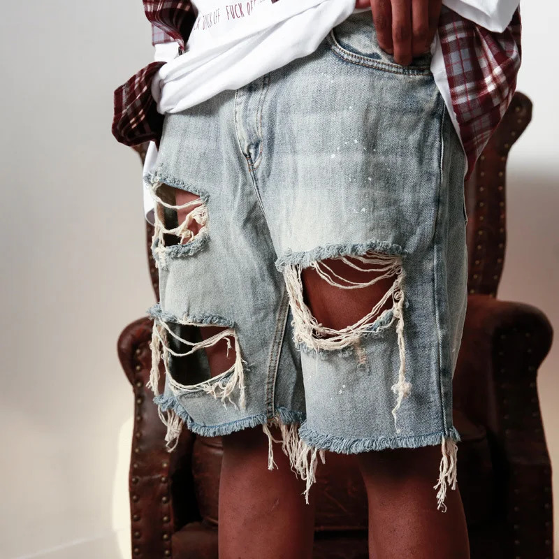 Summer Ripped Men Shorts Straight Loose Beggar Hole Denim High Street Hip Hop Male Jeans 231227