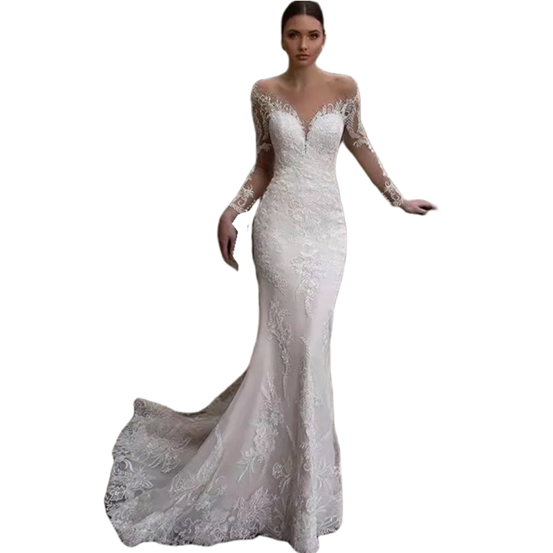Gorgeous Lace Appliques Mermaid Wedding Dresses Long Sleeves Illusion Neckline Open Back Sexy Bridal Gowns Back Buttons