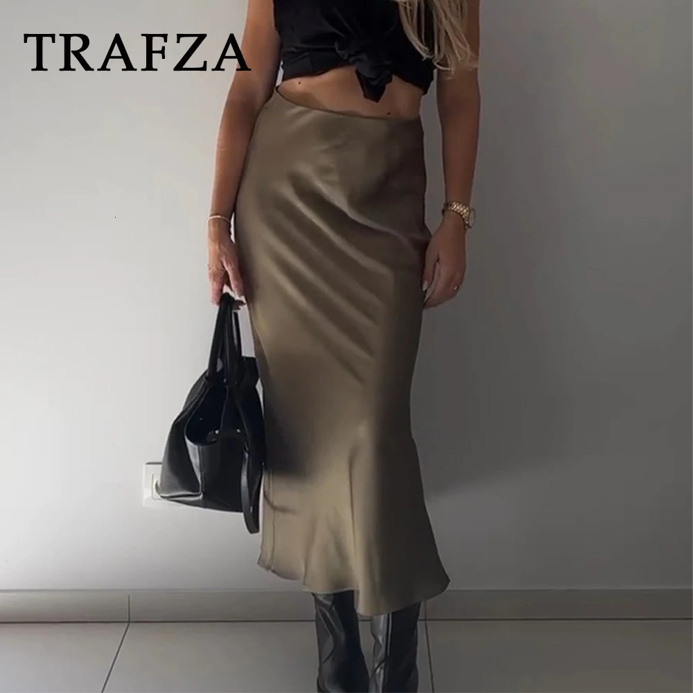 TRAFZA 2024 Women Fashion Skirts Solid Satin Silk Texture Tight Midi Skirt Woman Party Chic Elegant Mermaid 231228