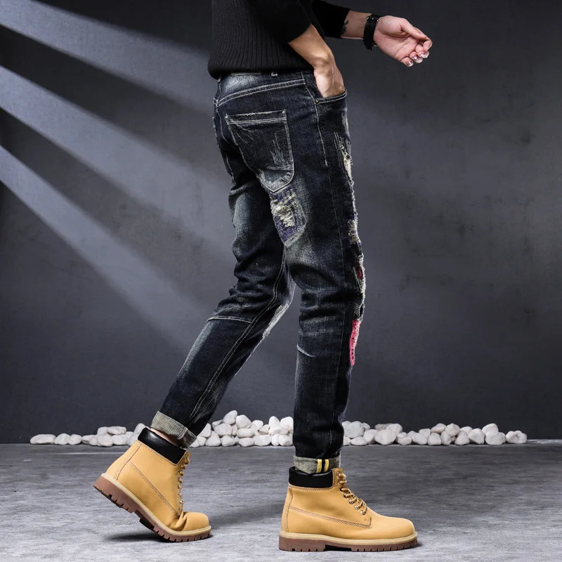 2023 Fashion Biker Jeans Men's Distressed Stretch Ripped Hip Hop Slim Fit Holes Punk Denim Cotton High Qual Pants 231227