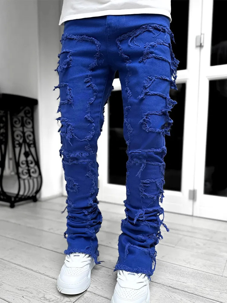 Streetwise Stretch Patch Jeans For Men Bottom Baggy Men s Clothing Summer Solid Fashion Mid Waist Patchwork Long Pants Male 231228