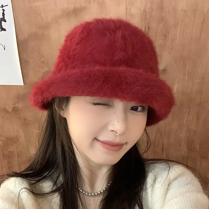 Korean Fashion Rabbit Fur Bucket Hat Autumn Winter Female Actress Elegant Round Top Plush Fisherman Hat Warm Sweet Fedora Hat 231228