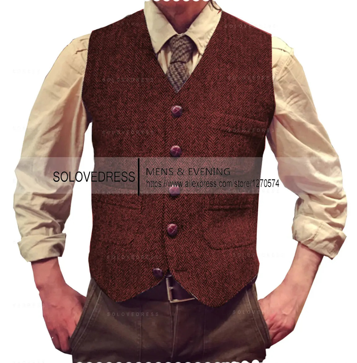 V Neck Men's Suits Vest Herringbone Tweed Formal Business Waistcoat For Men Wedding 231227